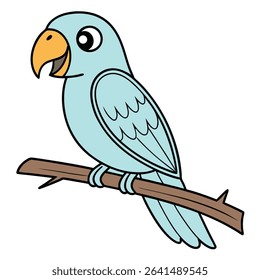 A playful cartoon depicts a light blue parrot with a yellow beak sitting on a brown branch with big black outlined eyes against a clean white backdrop.
