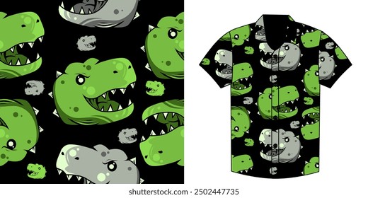 Dibujos animados juguetones de dinosaurios de impresión sobre fondo negro verde y gris T-Rex Heads Hawaiian Shirt Design