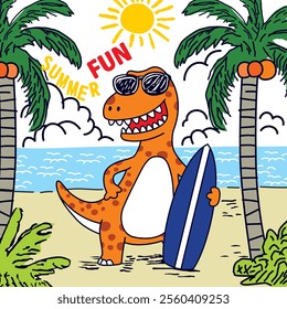 Playful cartoon dinosaur with surfboard on tropical beach under the summer sun in a fun vacation illustration
