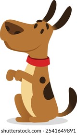 Playful cartoon dog with brown fur and dark spots wearing a red collar sits on hind legs and lifts front paw, conveying happiness and obedience