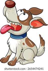 Playful cartoon dog with brown spots sits eagerly, tongue out, wearing a blue collar. Flat vector style with bold outlines and bright colors
