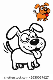 Um brincalhão cão de desenho animado é destaque em uma cor laranja vibrante e uma versão de contorno preto e branco, perfeito para colorir ou desenhos adaptáveis.