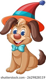 A playful cartoon dog wearing a colorful clown hat and bow tie, with vibrant colors and a joyful expression