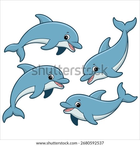 playful cartoon dolphins swimming in dynamic poses vector isolated on white background