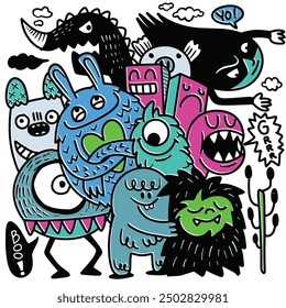 Playful cartoon doodle featuring a group of quirky monsters in vibrant colors, created with an offset effect for a dynamic, fun look.
