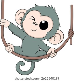 Playful cartoon doodle of a monkey mascot sitting while hanging on a rope with a big, funny smile
