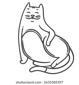 Playful cartoon doodle style cat outline sitting with smile and relaxed pose. Vector illustration of funny cat outline for coloring, stickers, children art, or print.