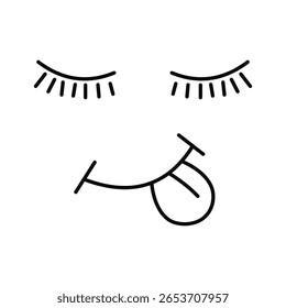 Playful Cartoon Face with Closed Eyes and Tongue Out. A minimalist black-and-white cartoon face featuring closed eyes with long eyelashes and a playful smile sticking out its tongue.