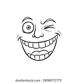 Playful cartoon face illustration featuring a wide open mouth, big teeth, one eye winking, and exaggerated facial features on a white background
