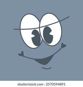 Playful cartoon face illustration with large expressive eyes and a smiling mouth on a gray background. Concept of cheerful and fun character design. Vector illustration.