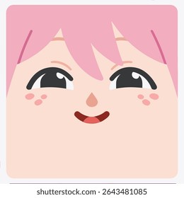Playful cartoon face with pink hair, cute expression, graphic art.