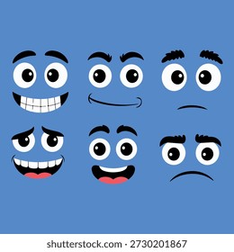Playful cartoon faces expressing varied emotions on blue background illustration with happy sad surprised expressions