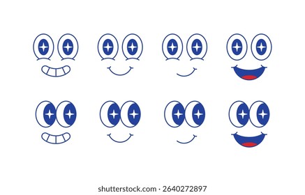 Playful cartoon faces with funny expressions, in y2k, retro, and vintage styles. Ideal for emoticons, stickers, or creative digital design projects.