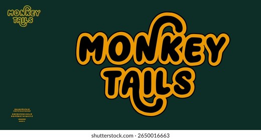 Playful cartoon font with bold rounded letters and swirly tail accents, perfect for kids branding, jungle themes, and comic-style designs. Vector Creative be editable. Lower Upper Lower number set