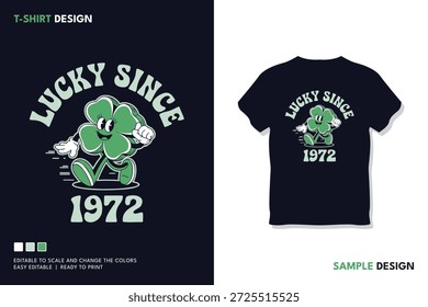 Un juguetón personaje de trébol de cuatro hojas de dibujos animados corre con una gran sonrisa, perfecto para el Día de San Patricio o diseños de temática irlandesa, transmitiendo suerte y diversión desde 1972.