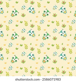 Playful Cartoon Fox Pattern with Crowns, Leaves, and Flowers