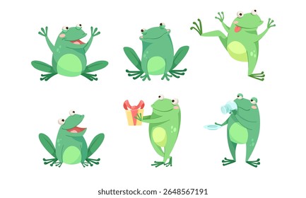 Playful Cartoon Frogs in Many Different Poses and Fun, Colorful Actions and Expressions