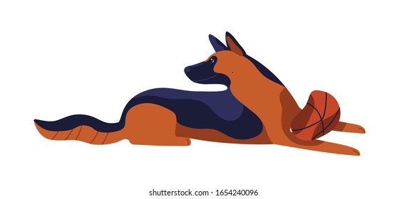 Playful cartoon german shepherd dog breed colored vector flat illustration. Lying cute brown and black domestic animal isolated on white background. Cheerful clever pet playing with ball