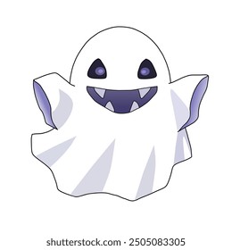 A playful cartoon ghost with a friendly smile, perfect for Halloween themes. Ideal for festive decorations and invitations, capturing a cheerful spooky vibe