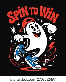a playful cartoon ghost wearing a cap and shoes, ready to spin and win in a graphic design vector.