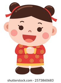 Playful Cartoon Girl in Red Chinese Dress