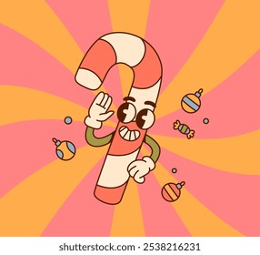 Playful cartoon groovy candy cane character waving, surrounded by festive ornaments on a bright, colorful background. Holiday and winter celebration concept.