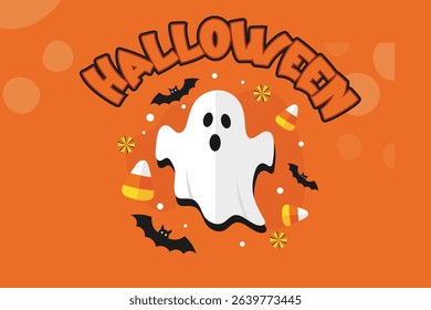 Playful cartoon Halloween design showcasing a white ghost, black bats, candy corns, flowers, and a large Halloween sign over a bright orange background.