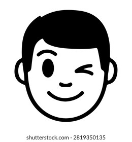 A playful cartoon illustration of a boy winking, showcasing a cheerful and expressive face with simple black and white line art style.
