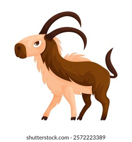 Playful cartoon illustration of a brown and beige mountain goat with large curved horns, standing on a white background. Cartoon Mountain Goat with Curved Horns