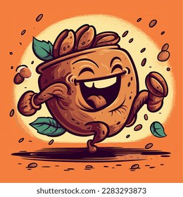A playful cartoon illustration of a coffee bean, with a big smile and rosy cheeks, leaping across a bright, cheerful background. The image is bright and colorful, with bold outlines and whimsical deta