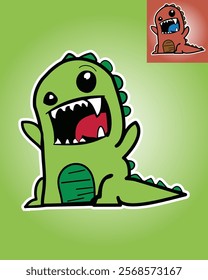 playful cartoon illustration of a cute green dinosaur, with a big open mouth displaying sharp teeth and a red tongue, adds a dynamic and whimsical touch to character design