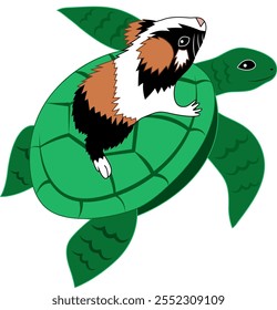 A playful cartoon illustration of a cute guinea pig riding on a cheerful turtle's back. Perfect for children’s books, greeting cards, and whimsical designs, it highlights friendship, teamwork, humor