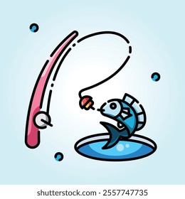 A playful cartoon illustration depicting a blue fish being caught by a pink fishing rod.  A fun scene of fishing