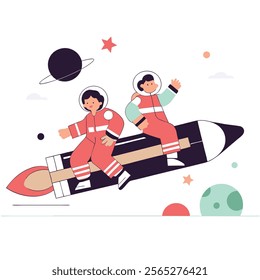 A playful cartoon illustration featuring two astronauts joyfully riding a comet through space. Ideal for children's books, websites, or any project needing a fun, whimsical space theme