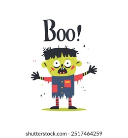 Playful cartoon illustration of a green zombie character with outstretched arms and 'Boo' text, ideal for Halloween designs, children's decorations, or spooky-themed projects