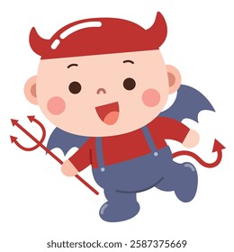 Playful cartoon illustration of a happy baby dressed in a devil costume. The child has a cheerful expression, red horns, bat wings, a devil tail, and holds a trident.