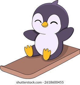 Playful cartoon illustration of a happy baby penguin surfing on a board with a cheerful expression. This fun and energetic design is perfect for holiday