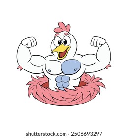 Playful cartoon illustration of a muscular chicken sitting in a nest