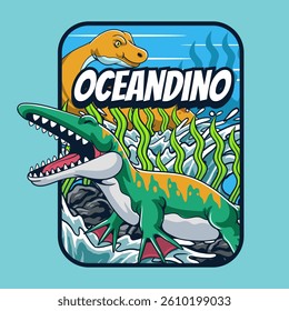 Playful cartoon illustration of an oceanic dinosaur in a vibrant underwater scene, featuring seaweed, waves, and a curious dino in the background. Ideal for kids and dino fans