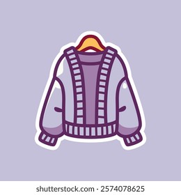 A playful cartoon illustration of a purple jacket featuring a zipper and pockets, set against a white background. Ideal for fashion-themed designs and fun illustrations.