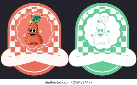 playful cartoon illustration of a rose apple mascot with big, friendly eyes and a cheerful smile.The background is a colorful chess pattern with a ribbon banner at the top.Sticker Label for Rose Apple