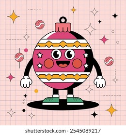 Playful cartoon illustration of a smiling Christmas ornament character with colorful patterns, set against a geometric pink background with stars and shapes.  
