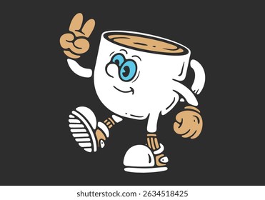 A playful cartoon illustration of a smiling coffee cup wearing shoes, radiating joy and energy with a peace sign gesture. Black background