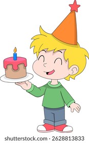 Playful cartoon illustration of a smiling young boy wearing a party hat and holding a birthday cake with pink icing and a lit candle.