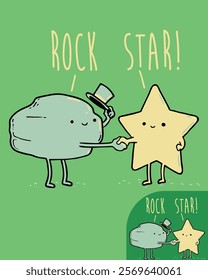 Playful cartoon illustration stickers design of a rock and a star shaking hands, wearing a top hat with happy faces, titled 'Rock Star!'—a clever visual pun for engaging, lighthearted branding