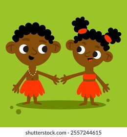 Playful cartoon illustration of two African children in traditional attire, holding hands, educational and cultural projects.