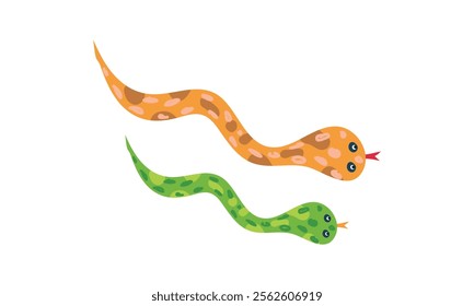 Playful cartoon illustration of two snakes, one orange and one green, with cute patterns and expressive faces on a white background.