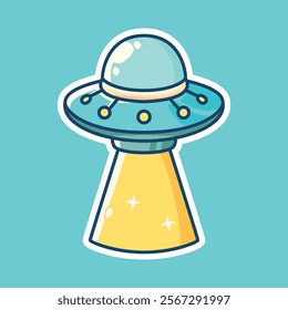 A playful cartoon illustration of a UFO with a dome on top and a beam of light coming down from it, set against a teal background. Ideal for sci-fi themed designs and creative artwork.