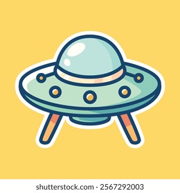 A playful cartoon illustration of a UFO with a dome on top and three legs, set against a bright yellow background. Perfect for sci-fi themed designs and space-related graphics.