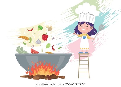 Playful cartoon illustration of a young chef tossing vegetables into a pot with flames beneath, vector illustration.